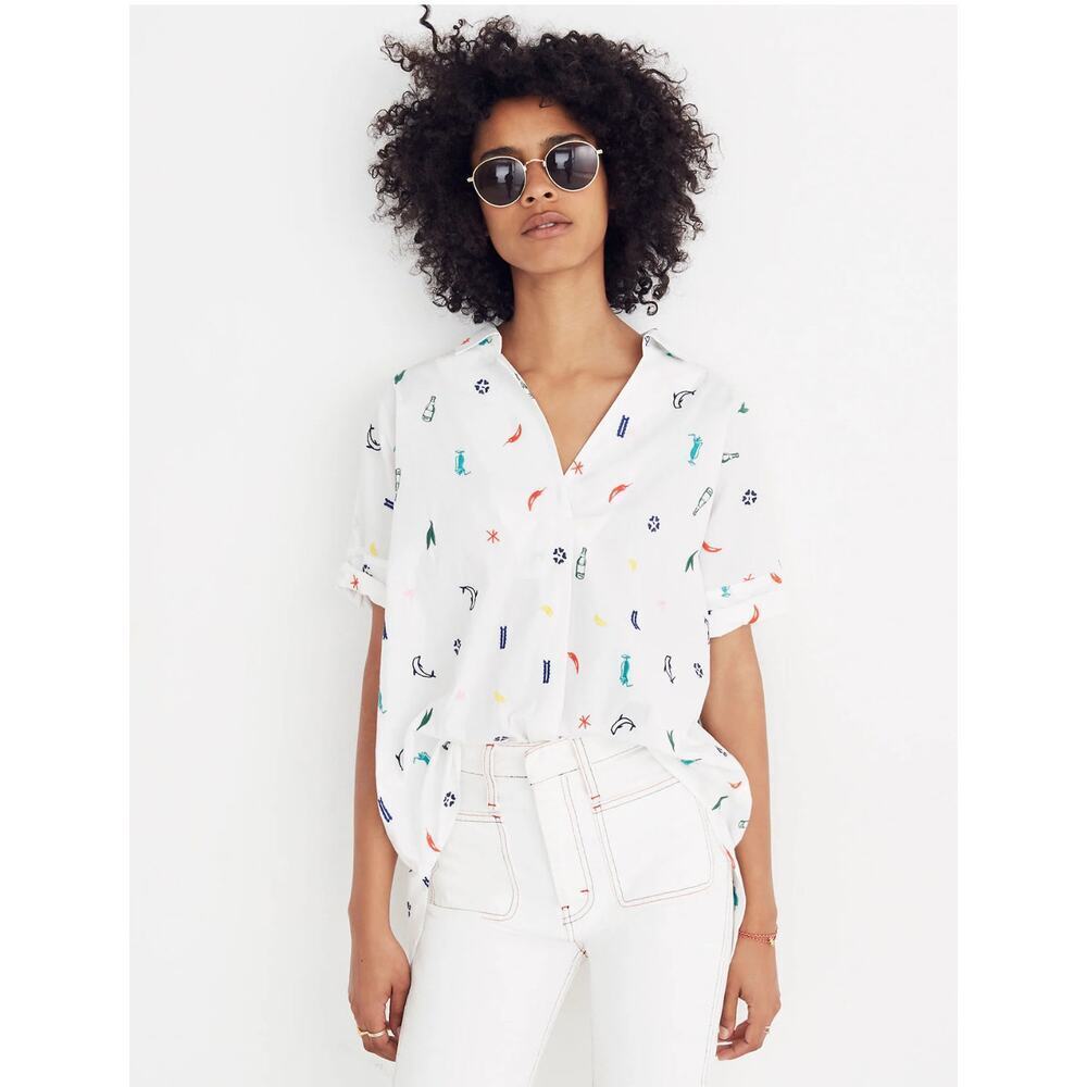 Madewell Summer Friday‎ Embroidered Courier Short Sleeve White Shirt, size Small